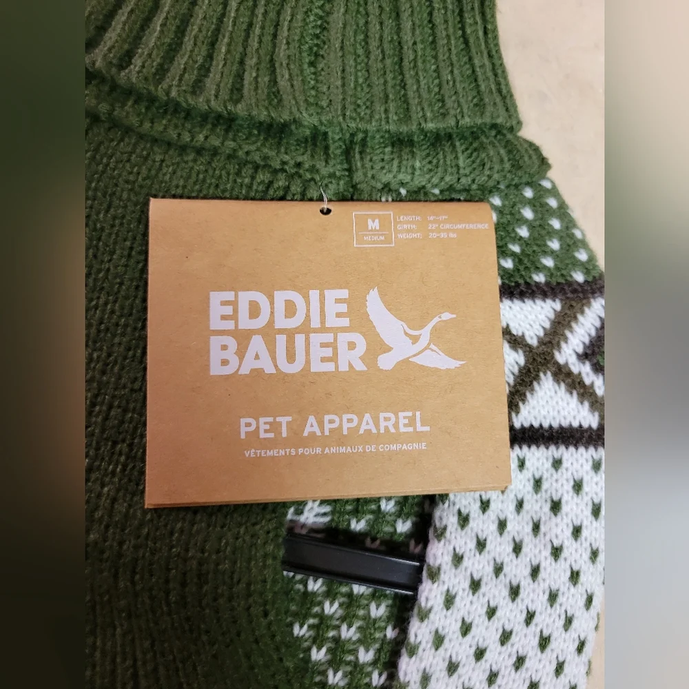 Eddie Bauer pet apparel size medium dog sweater green, white goose